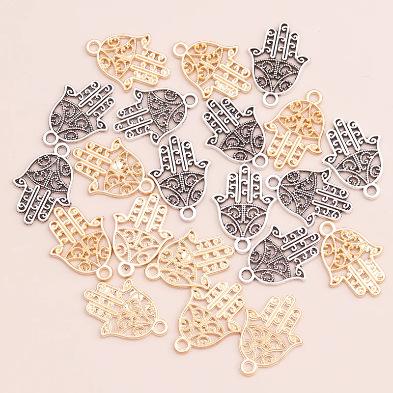 Leslie 20pcs Alloy Small Geometric Patterns Hamsa Hand Pendants Jewelry for DIY Bracelets & Bangles Handmade 23x16mm Trinket