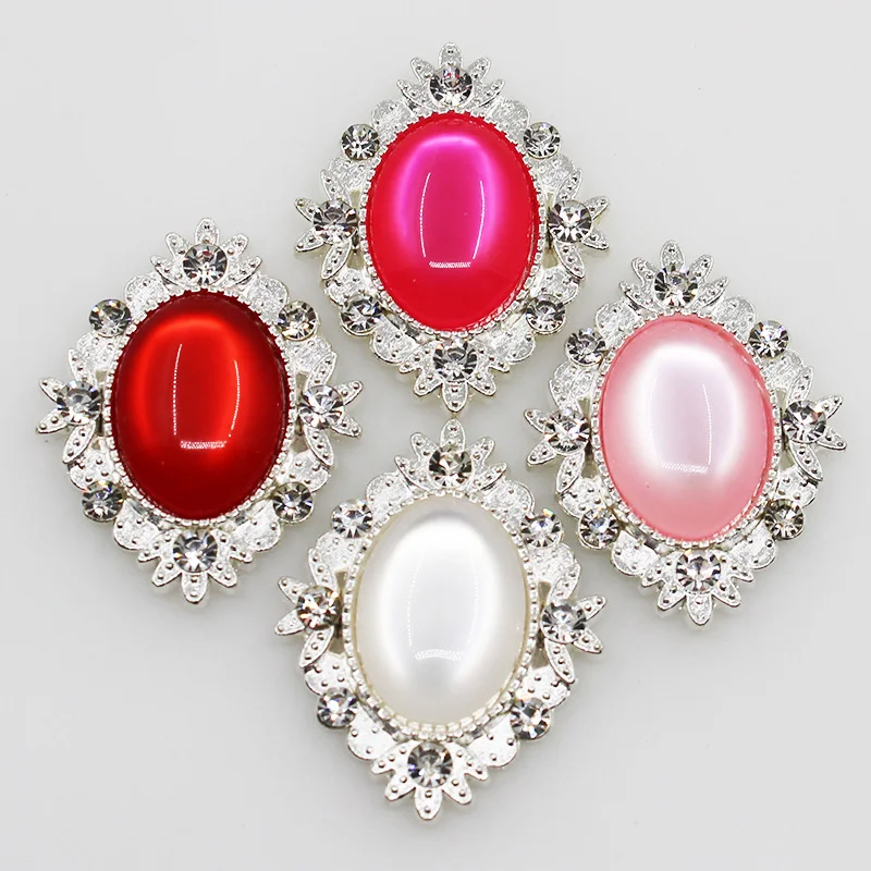 10Pcs 26*31mm Oval Cat Eye Rhinestone Button Silver Metal Wedding Bride Holding Flowers Decorate Hair Accessories Scrapbooking