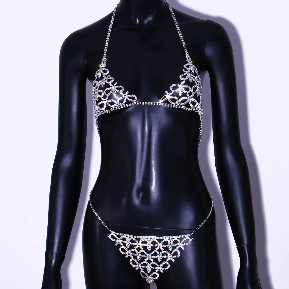 Sexy Body Chain Crystal Bowknot Three Point Thong Bra Chain Beach Outfit Chest Chain Waist Chain Abdominal Chain портупея Rave