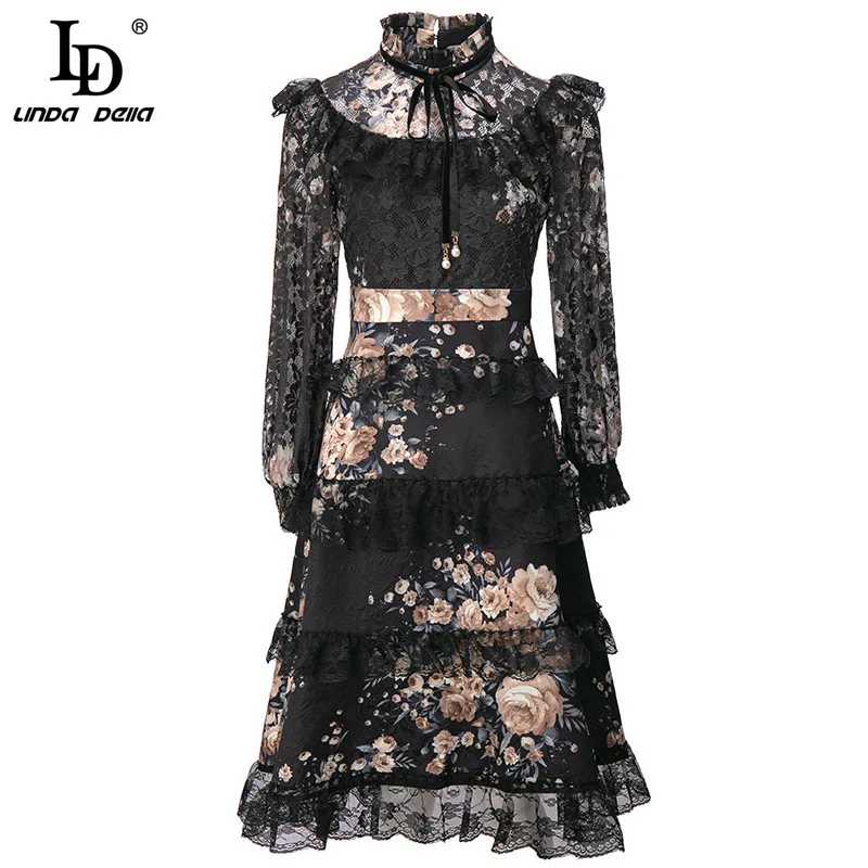 LD LINDA DELLA Fashion Runway Summer Dress Women Long Sleeve Lace Patchwork Ruffles Hollow Embroidery Vintage Knee-Length Dress