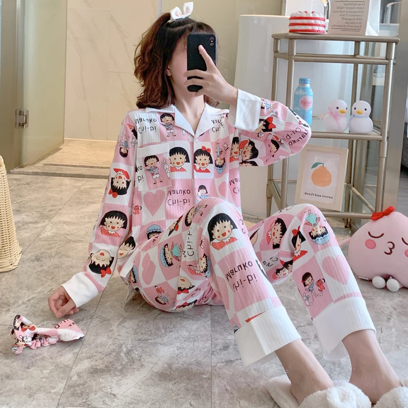 2024 New Winter Pijama Women Home Clothing Cartoon Chibi Maruko Anime Nightwear Pink Pants Cotton Cozy Party Cardigan Pajama Ins