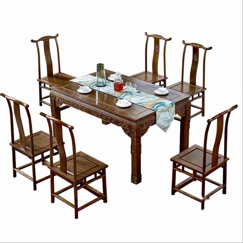 table and chair combination chicken wing wood rectangular dining table Chinese all solid wood elephant head Ruyi dining table