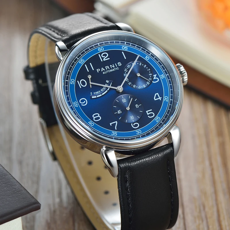 Luxury Brand Parnis 42mm Blue Dial Automatic Mechanical Men's Watches Leather Strap Calendar Sports Watch For Men reloj hombre