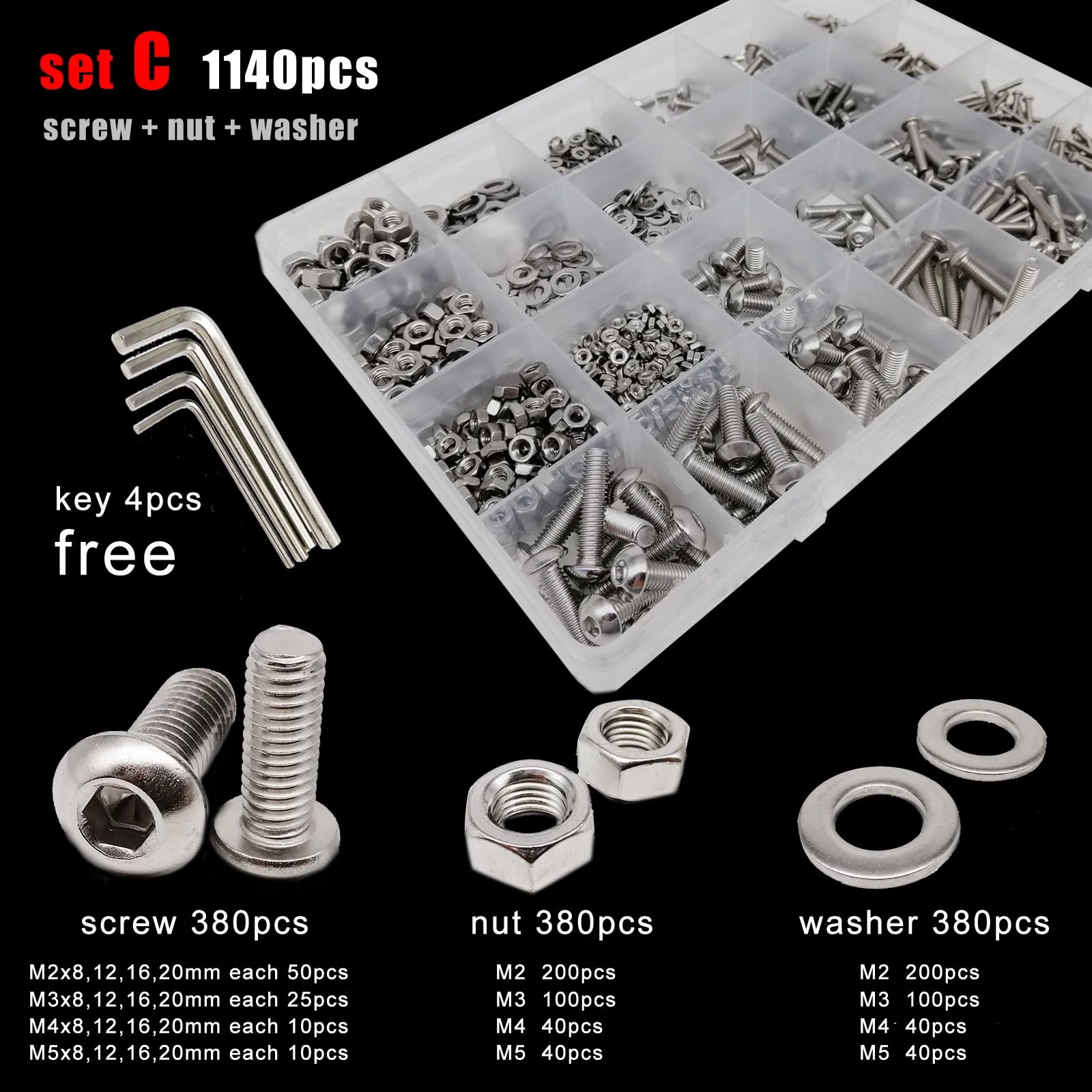 Assortment Kit M1.6 M2 M2.5 M3 M4 M5 304 A2 Stainless Steel Allen Hexagon Hex Socket Button Round Head Screw Bolt Nut Washer Set