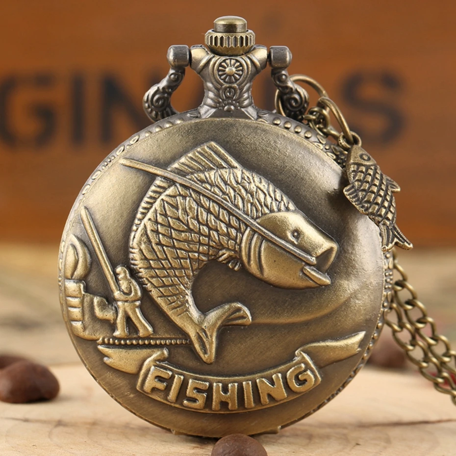 Unique Bronze Fishing Sculpture Pocket Watch Necklace Fob Chain Steampunk Clock Quartz Retro Pocket Watch Gifts + Fish Accessory