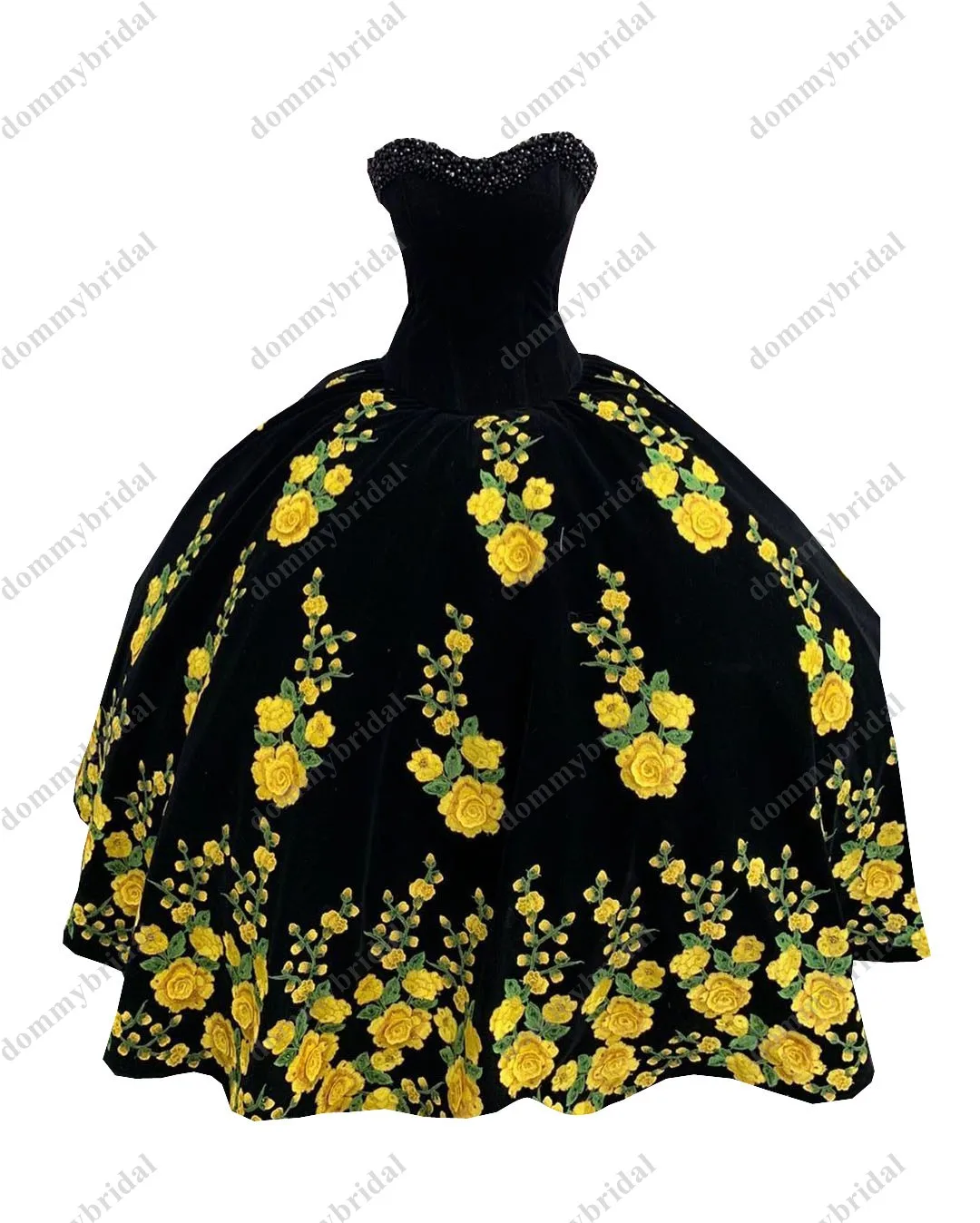 Modest Yellow Printed Floral Flowers Black Velvet Ball Gown Quincaenera Dress Mexican Charro XV Sweet 15 Party Formal Prom Dress