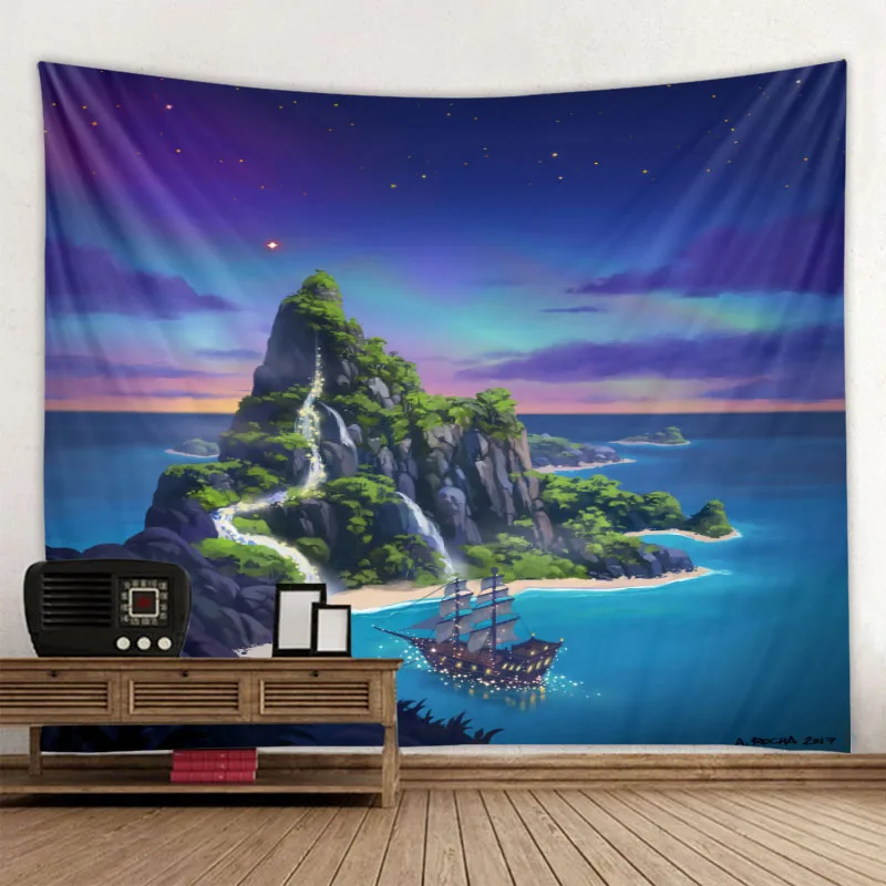 Landscape art illustration printing tapestry large wall hanging boho style living room bedroom tapestry hippie home decoration