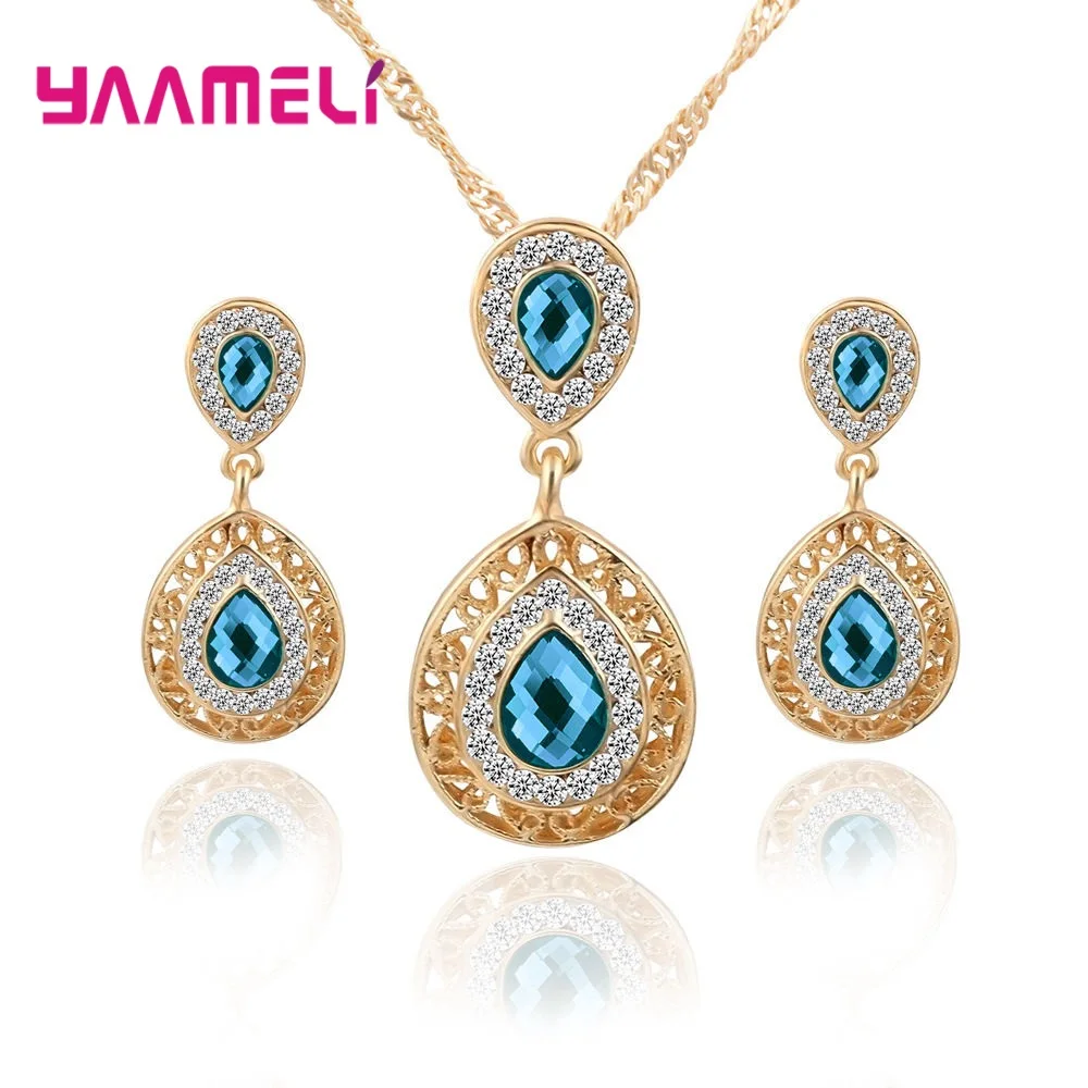 Fashion Women Wedding 925 Sterling Silver Jewelry Set Crystal Earring Necklace Pendant Rhinestone Hot Sale Waterdrop New Suit