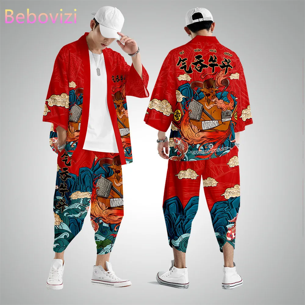 Solto chinês japonês samurai kimono cardigan para homens e mulheres, terno plus size, yukata, tops e calças set, cosplay, harajuku, plus size S-3XL