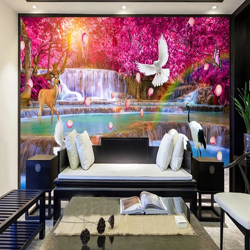 

Custom Wall Cloth Waterfall Red Maple Forest Landscape Chinese Mural Wallpaper Living Room TV Home Waterproof Decor Wall Sticker