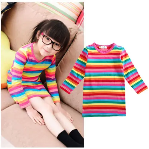 Toddler Kids Baby Girls Dress Rainbow Print Long Sleeve O Neck Cute Dress Summer Children Spring Autumn Clothing 2-7Years