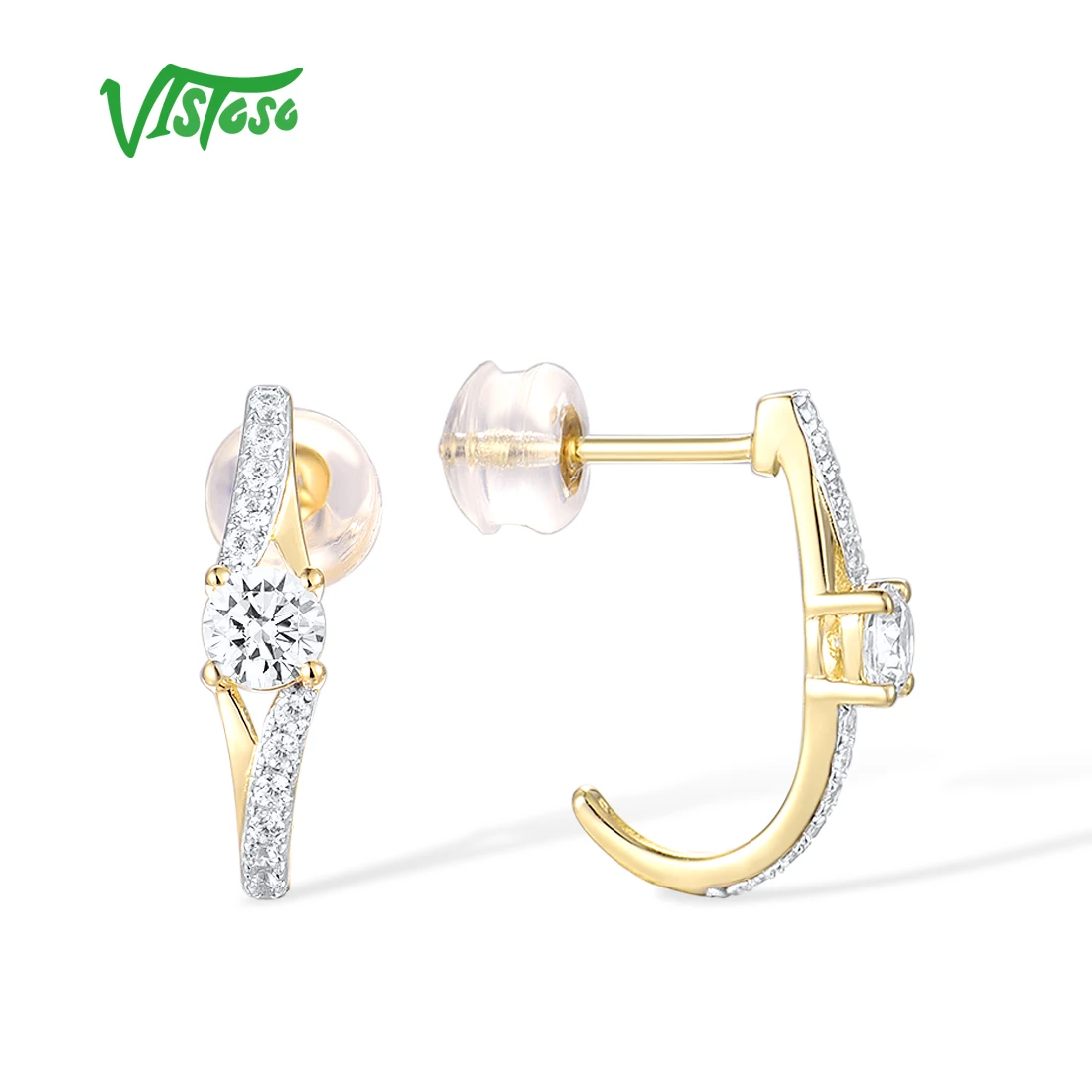 VISTOSO Gold Earrings For Women Genuine 9K 375 Yellow Gold Earrings Sparkling White CZ Charming Stud Earrings Party Fine Jewelry