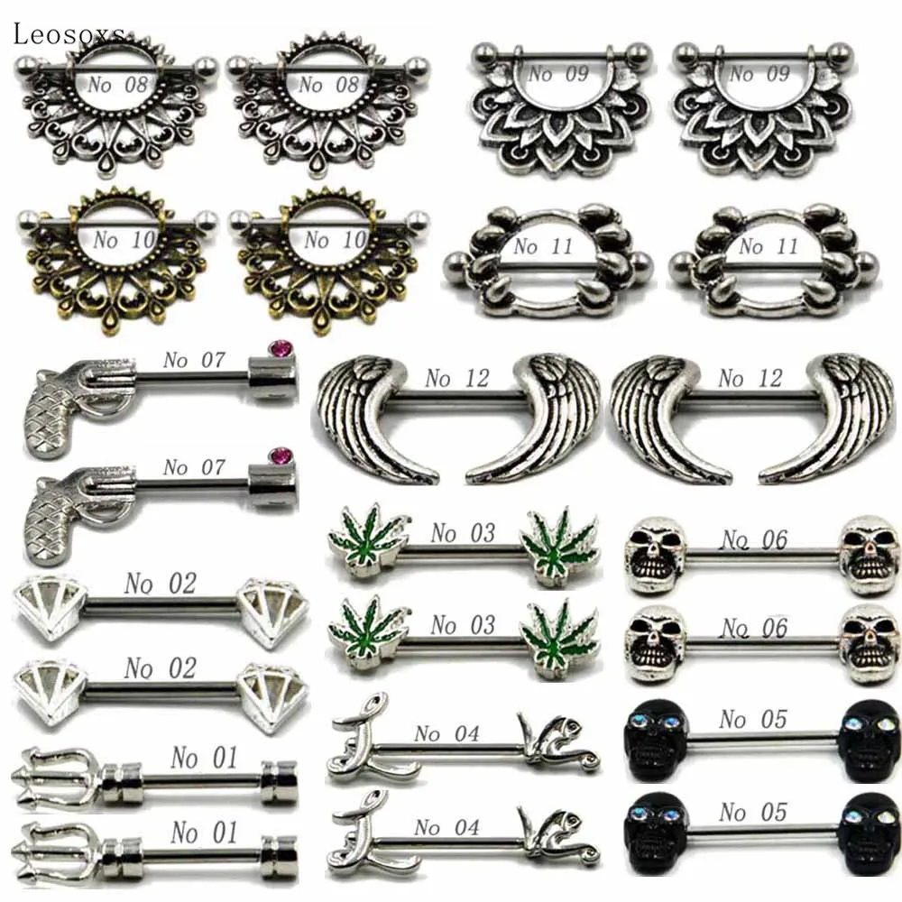 

Leosoxs 2pcs Explosive Stainless Steel Ghost Head Fork Lotus Letter Breast Ring Human Body Piercing Jewelry