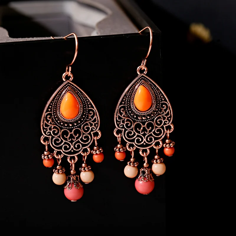 Bohemian Orange Beaded Tassel Drop Earrings Ethnic Carved Alloy For Women Vintage Stone Boho Ladies Earrings