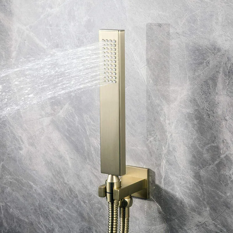 Square Solid Brass Brushed Nickel/Brushed Gold/Black/Chrome Hand Held Shower Head Wall Mounted With Holder and 1.5M Hose Set