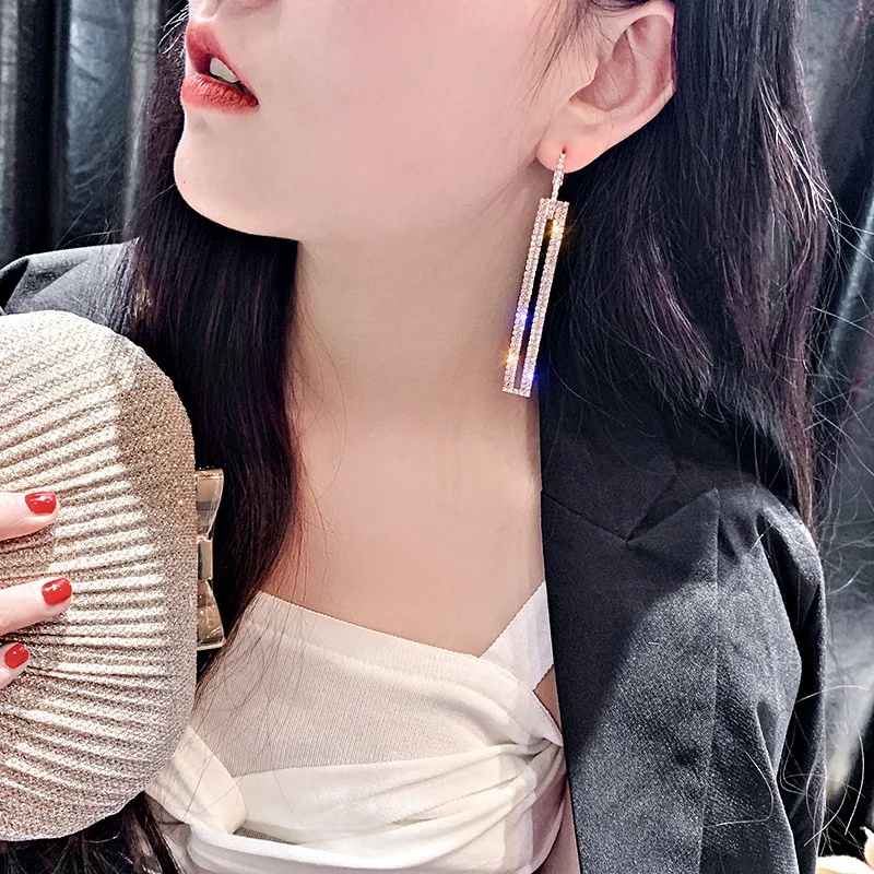 Luxury Long Rectangle Drop Earrings For Women Geometric Rhinestone Dangle Earring Fashion Female Wedding Party Jewelry