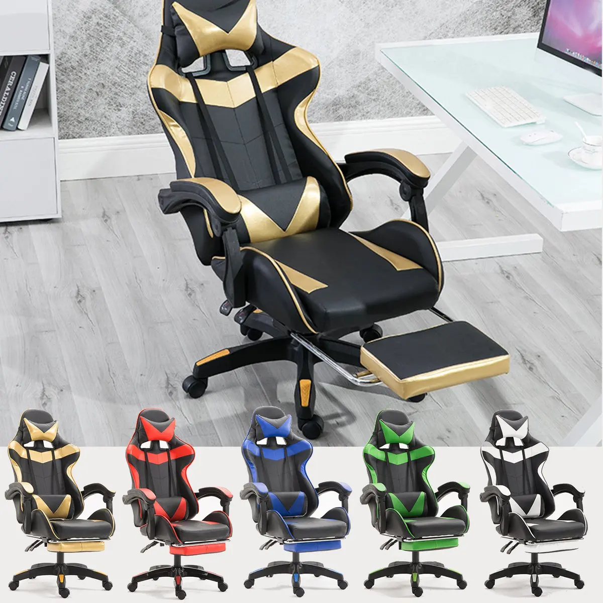 Office High Back Ergonomic Recliner With Footrest Professional Computer Chair Furniture 5 Colors PU Leather Racing Gaming Chair