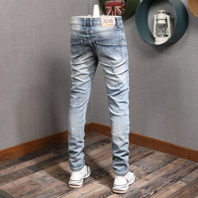 Mens Classic Vintage Light Blue Ripped Jeans Men Fashion Korean Style Embroidery Straight Slim Fit Denim Pants
