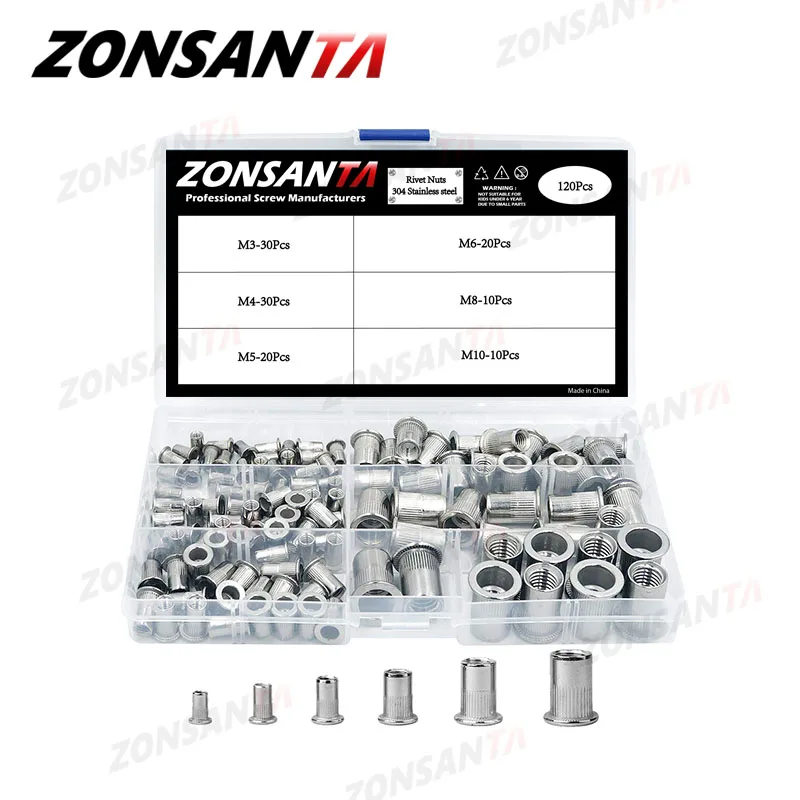 ZONSANTA120pcs set Mixed 304 stainless steel Rivet Nut M3 M4 M5 M6 M8 M10 Nut Carbon Steel Flat Head Threaded Insert Nut Kit