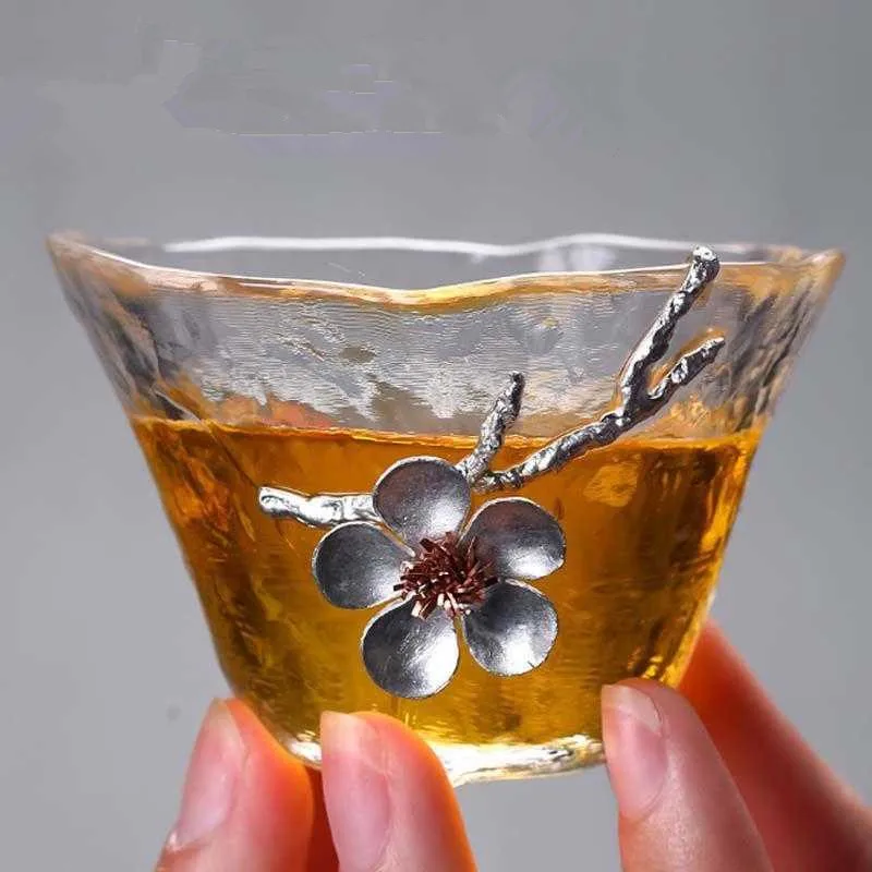 Heat Resistant Tea Cup with Coaster Tin Plum Flower Tea CupTransparent TeaCup, Small Tea Bowl, Japanese Style Master Cup