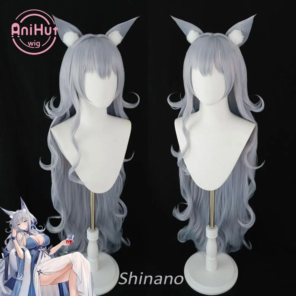 【Anihut】shinano Cosplay Pruik Spel Azur Lane Vrouwen Hittebestendige Synthetische Grijs Cosplay Pruik Shinano Cosplay