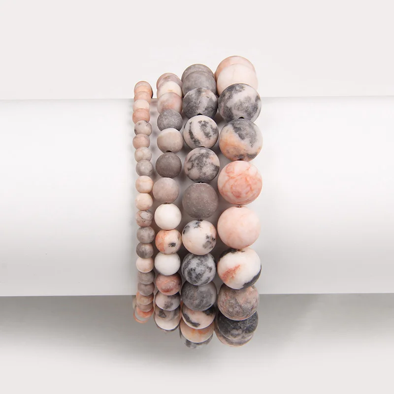 Natural Frosted Pink Zebra Mineral Stone Bracelets Handmade Matte Stone Bead Bracelet Women Men Yoga Meditation Jewelry Gift 1pc