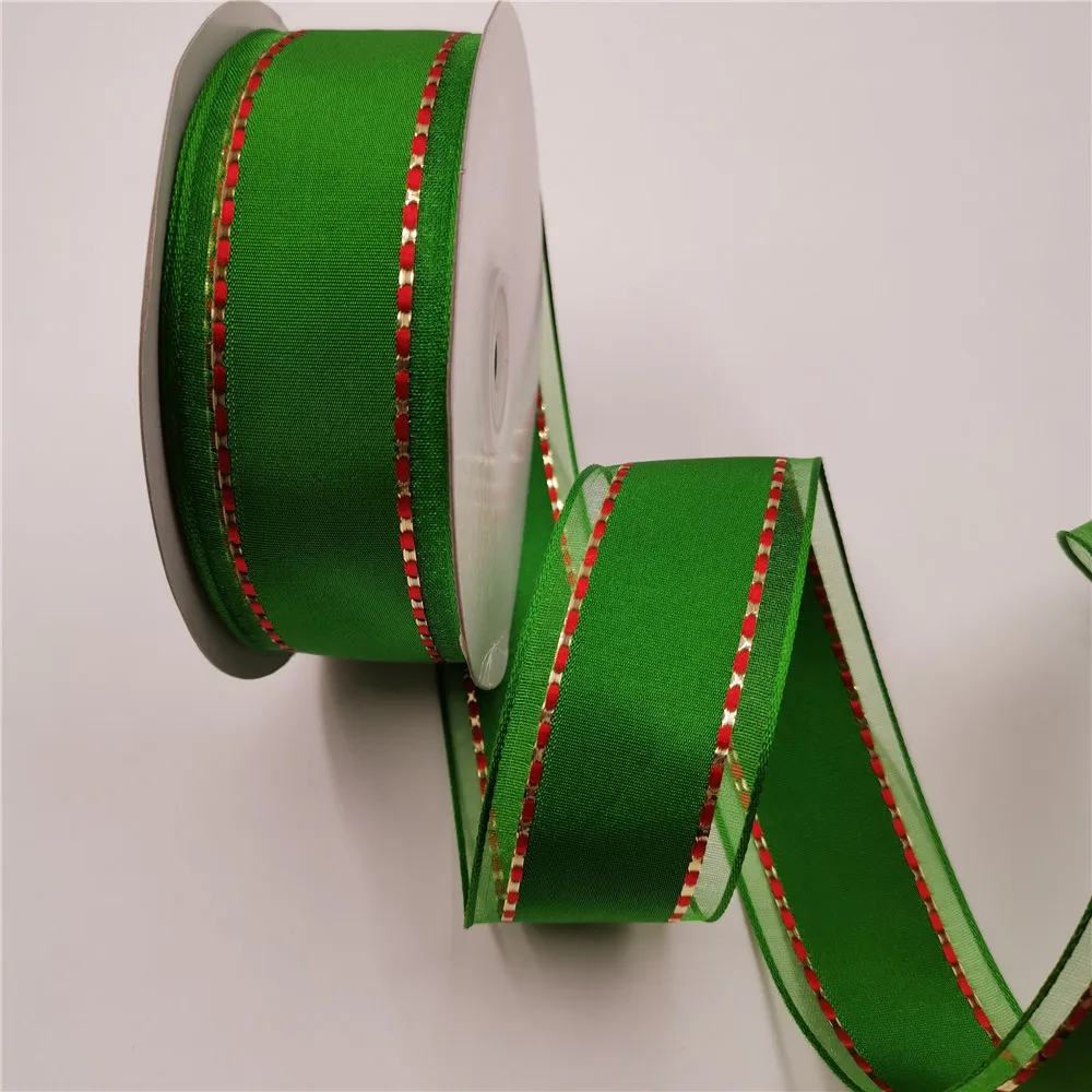 

38MM X 25yards Organza Edges Green Taffeta Wired Ribbon with red stitches for Gift Packaging,Box Decoration N2223