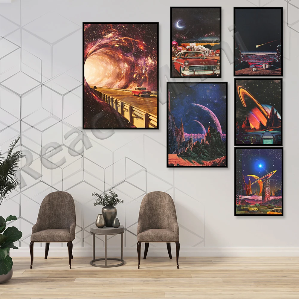 Sci Fi Celestial Vintage Collage 'White Rose Highway', High Quality Canvas And Poster Print Sci-Fi collage, Vintage Poster Art