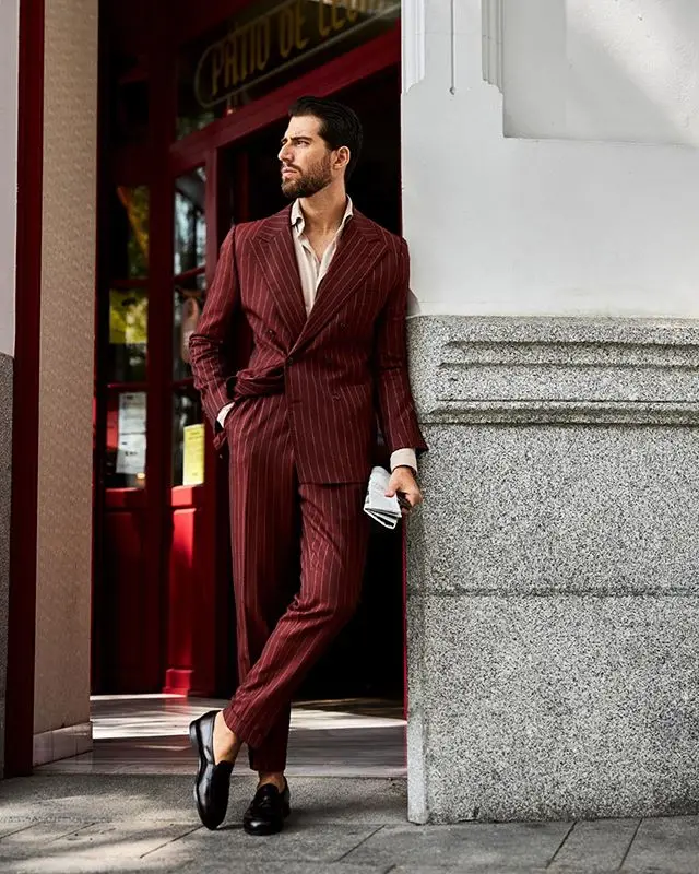 Costume à Double boutonnage pour homme, veste Blazer à revers de haute qualité, tenue de mariage à rayures fines, bordeaux