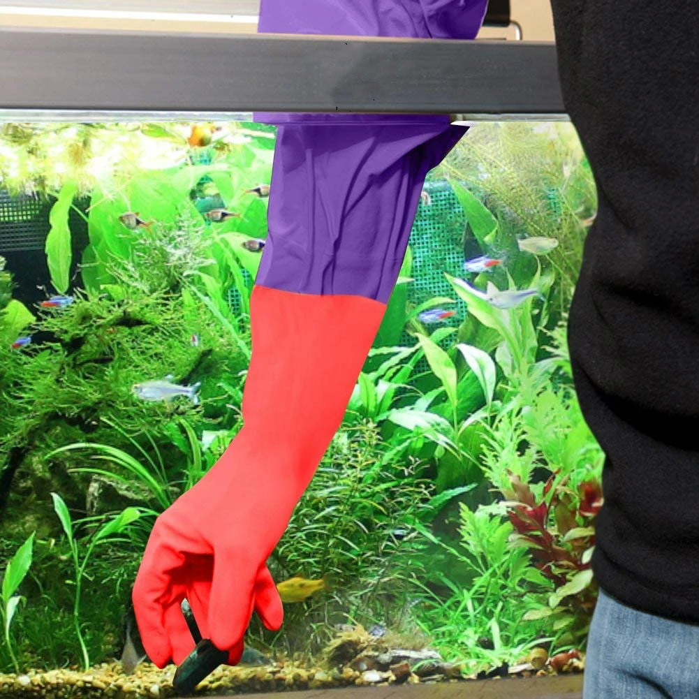 1 Pair Aquarium Water Change Gloves 19.6 Inches No-Skid Design Seamless Stitching Elastic Cuff  Regular Fish Tank Maintenance