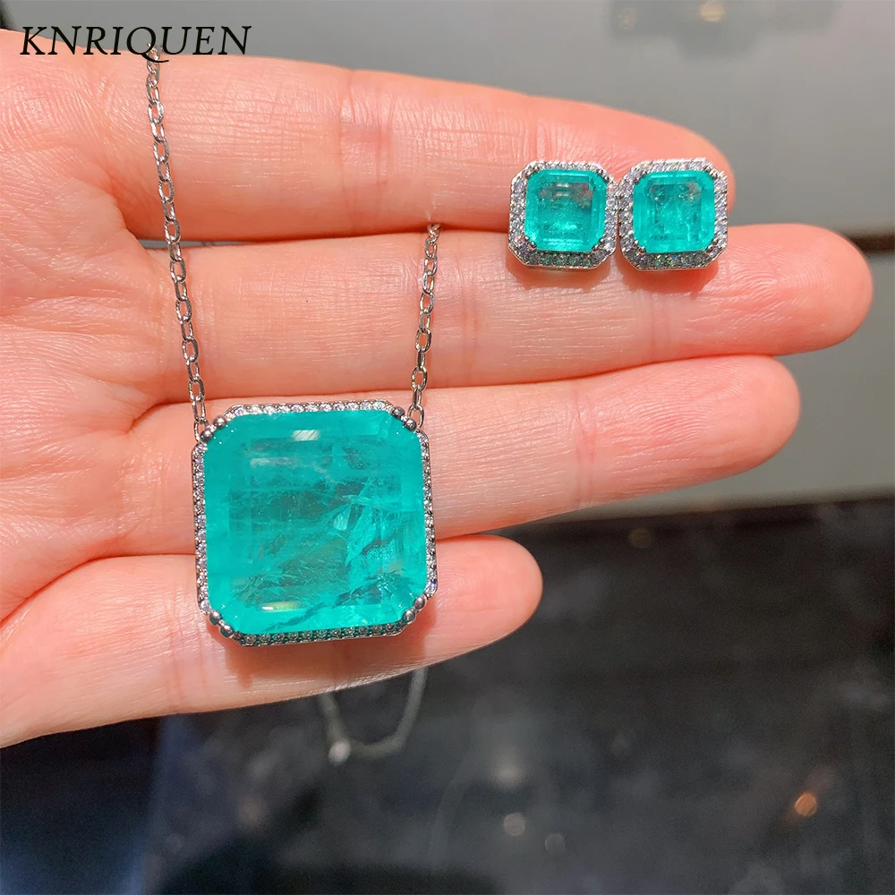 

2021 New Square Paraiba Tourmaline Aquamarine Lab Gemstone Diamond Pendant Necklace Wedding Jewelry Sets Charms Anniversary Gift