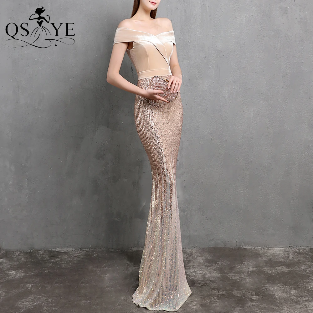 Champagne Abendkleider Mermaid Off Schulter Pailletten Abendkleid Samt Elegante Party Kleid Pailletten Seite Ärmeln Formale Kleid