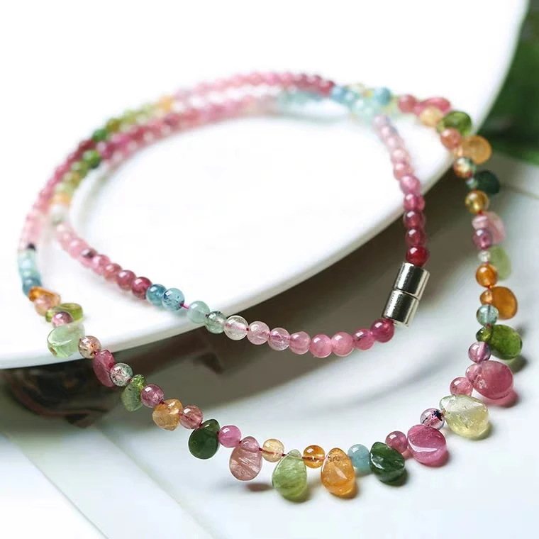 

Natural Colorful Tourmaline Crystal Necklace Clear Bead Gemstone 3-10mm Tourmaline Women Men Tourmaline Water Drop AAAAA