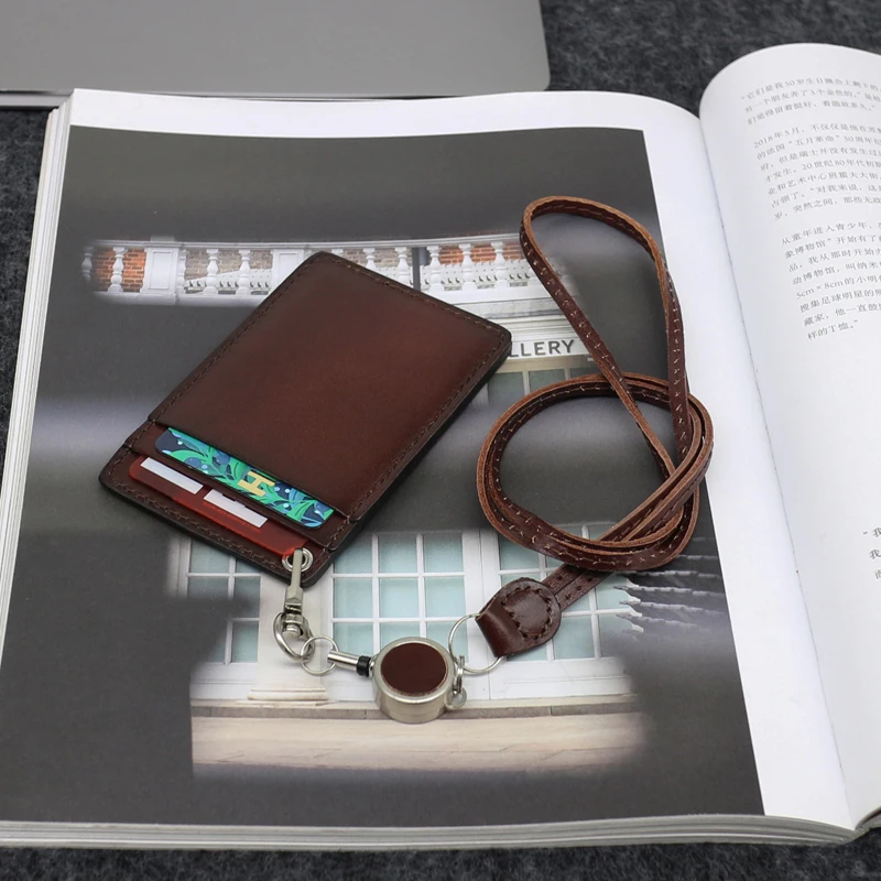 ID Badge For Office Work Genuine Leather Luxury Handmade Identity Bus Card Bag Reel Hanging Neck Wallet Cowhide Mini Purses