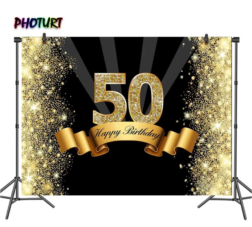 PHOTURT 50th วันเกิดการถ่ายภาพฉากหลังตกแต่งพื้นหลังริบบิ้นทองโพลีเอสเตอร์ไวนิลสตูดิโอถ่ายภาพ Props