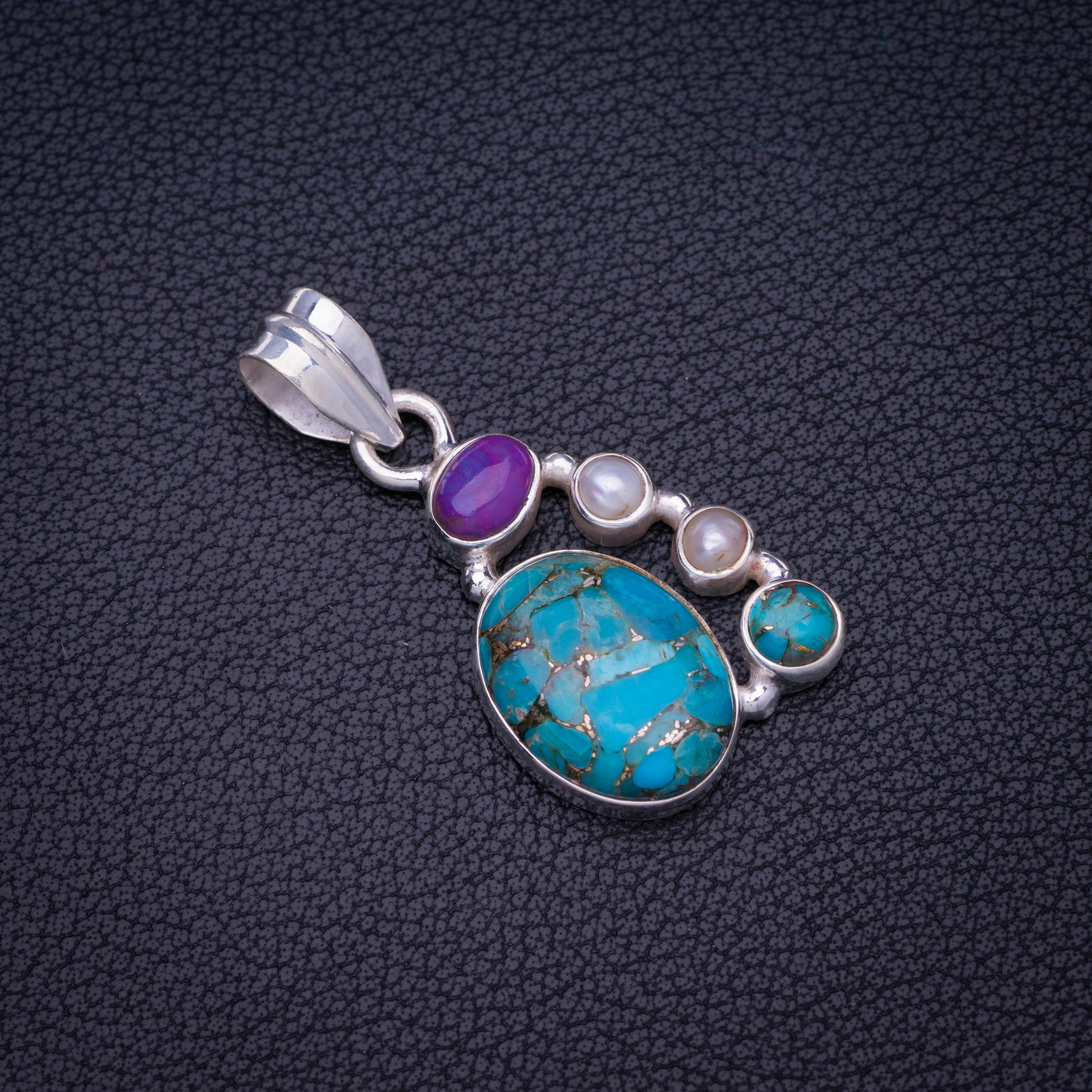 StarGems Natural Copper Turquoise River Pearl Handmade 925 Sterling Silver Pendant  1.5" E3675