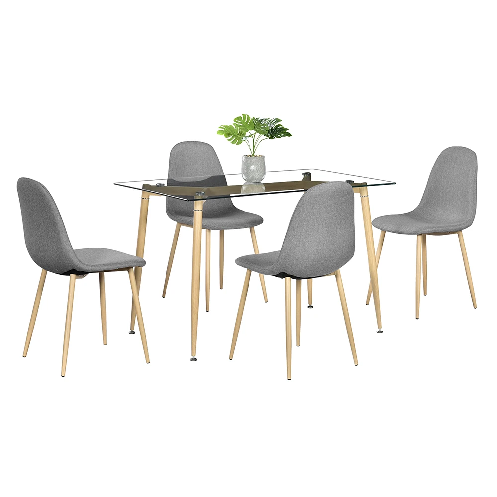 (120 x 70 x 75)cm Dining Table Set Simple Wood Grain Table Leg & Transparent Tempered Glass Dinner Table 4pcs Dining Chair