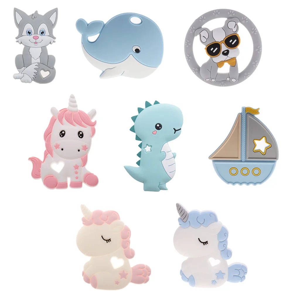 10pcs Teether Silicone Baby Teethers Baby Things Unicorn Fox Bulldog Teether Mix Baby Food Grade Silicone BPA Free Diy Toys