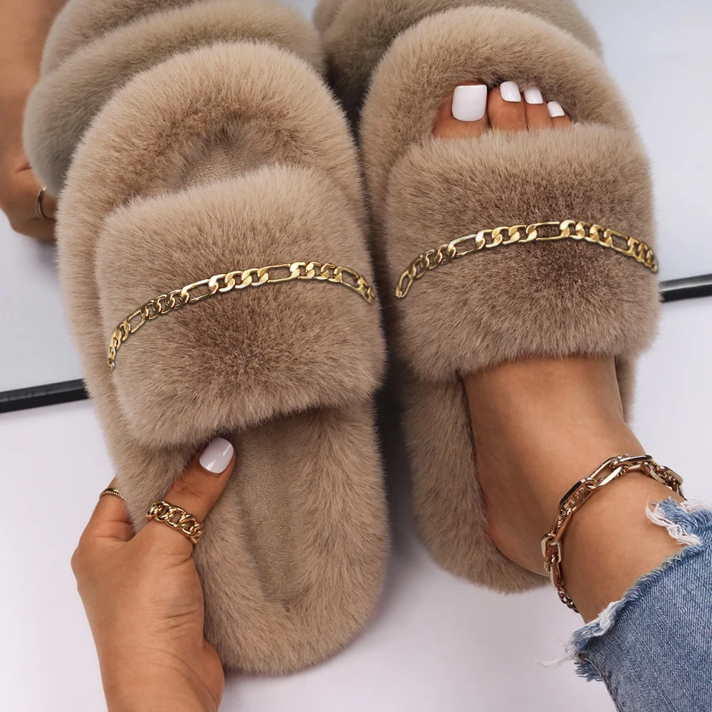 

Fluffy Slippers Women Fashion Golden Chain Furry Slides Ladies Faux Fur Flip Flops Flat Sandals Female Retro Brand Shoes 2022