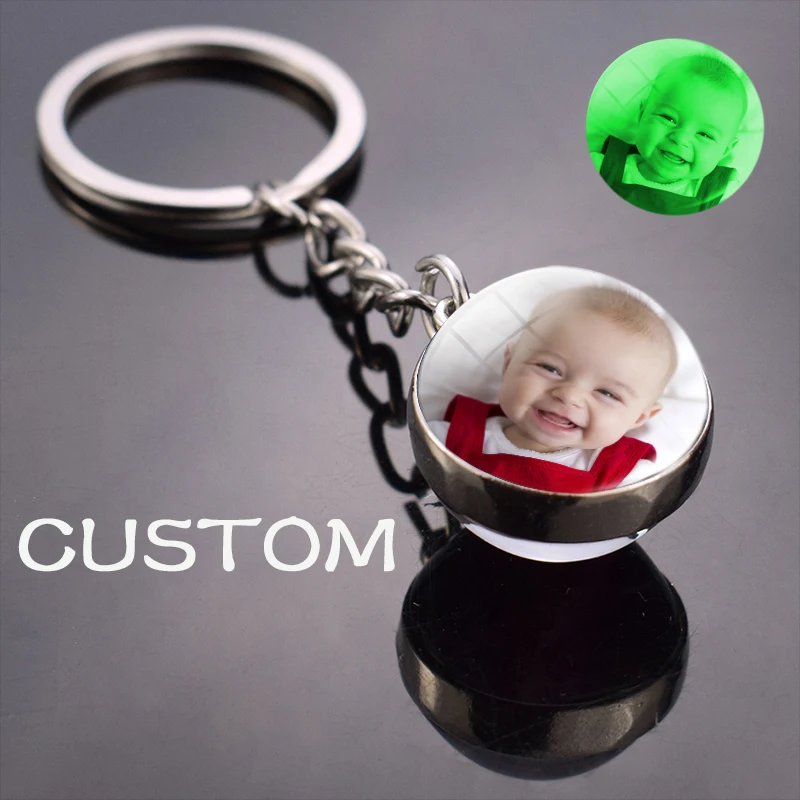 Porte-clés boule de verre avec logo personnalisé, porte-clés bricolage Shoous, photo personnalisée, lueur dans le noir, cadeau pour la famille, les