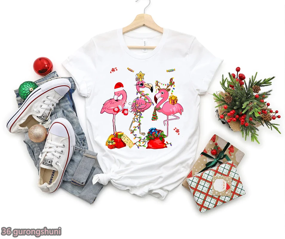 

Cute Flamingo Merry Christmas Gift Print T-Shirt Women Clothes 2022 Funny Tshirt Female Harajuku Shirt New Year T Shirt Femme
