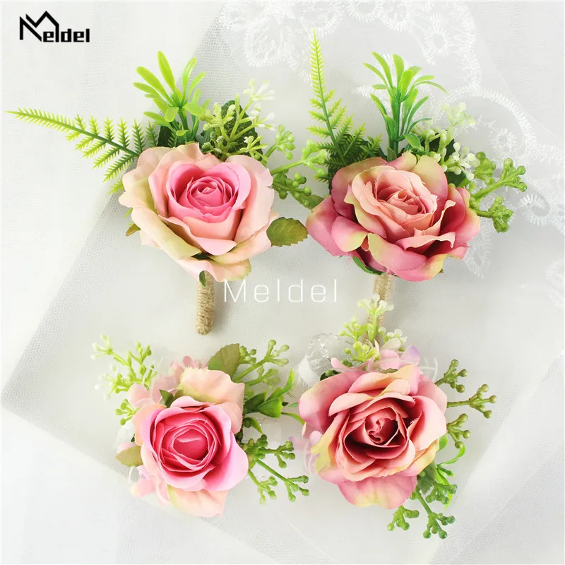 Buatan Rose Bunga Groom Boutonniere Pria Korsase Kancing Bridasmaids Gelang Bunga Pernikahan Pria Jas Pesta Dekorasi