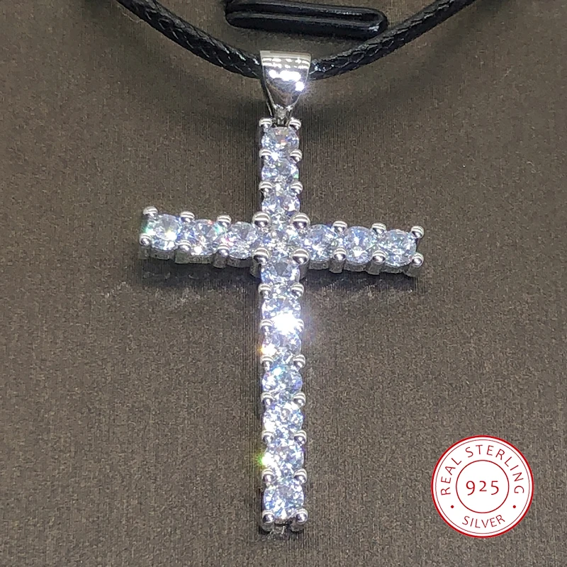 925 Silver Hip Hop Crystal Cross Shape Pendant Necklace Sparkly Rhinestone Dangle Chain For Women Wedding Jewelry Gifts