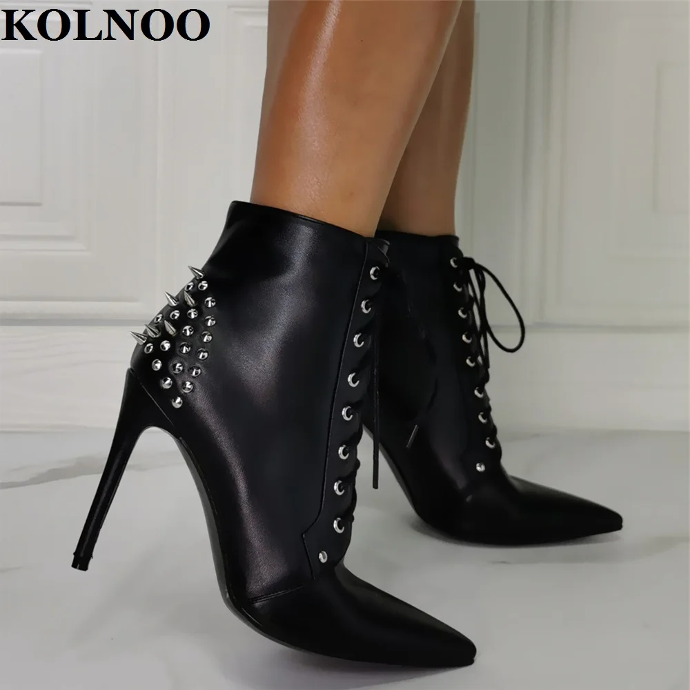 

Kolnoo Newest 2023 Style Real Photos Ladies High Heel Boots Cross Lace-Up Pointy Ankle Dress Boots Black Classic Fashion Shoes