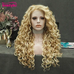 Peruca frontal de renda sintética imstyle para mulheres, loira, dourada, mista, encaracolada, fibra resistente ao calor, perucas longas para cosplay