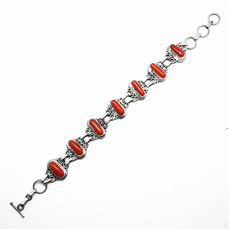 Nepal 925 Sterling Silver Vintage Jewelry Inlay Bamboo Coral Chain Bracelets for Girls T9049