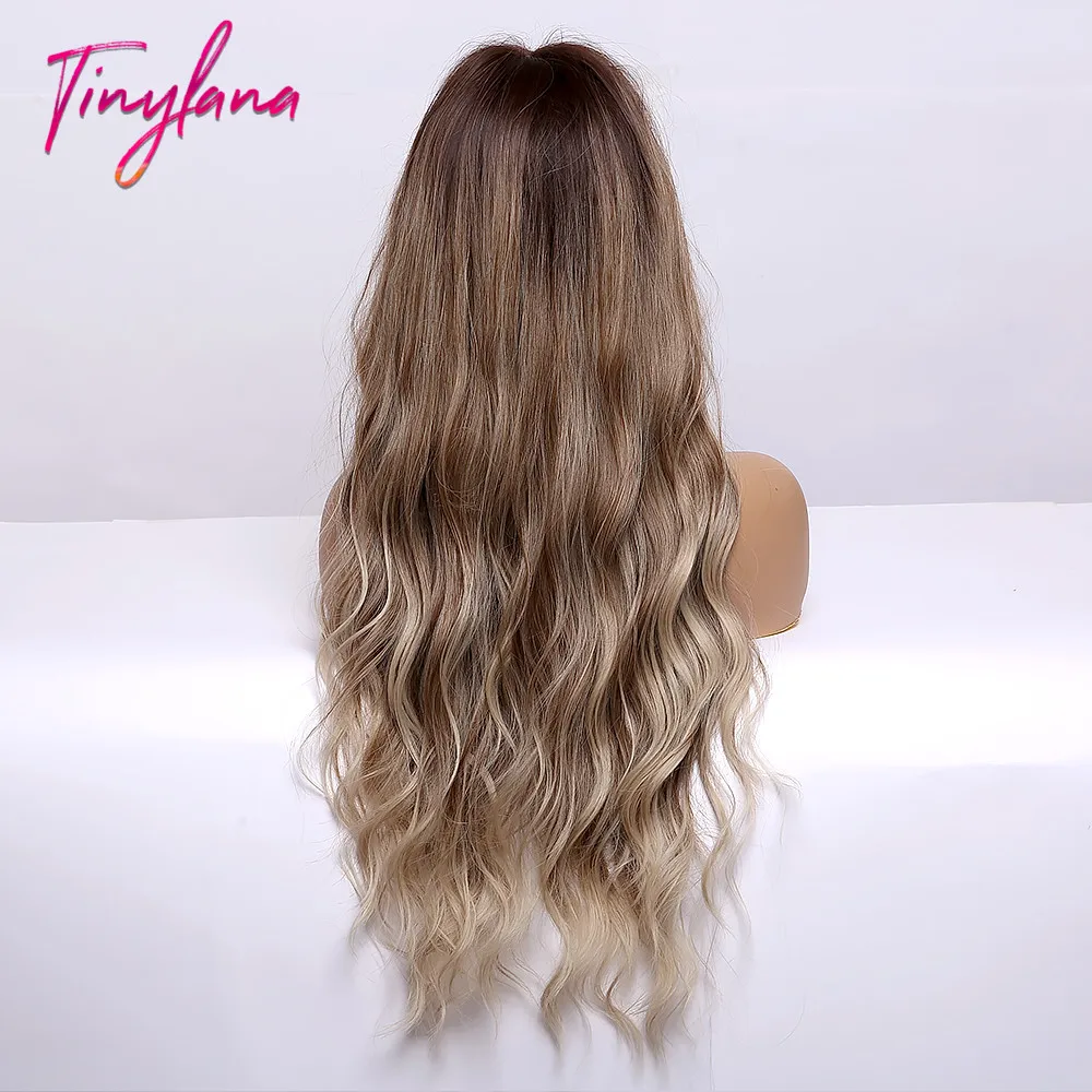 Małe LANA syntetyczne długie włosy typu Body Wave peruki brązowy do blond Ombre peruka z grzywką dla kobiet naturalne Cosplay odporne na ciepło do