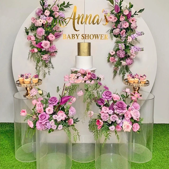 

5pcs/set)Hot sale mirror top shining gold/silver stainless steel clear acrylic cake tables wedding plinth decor yudao459