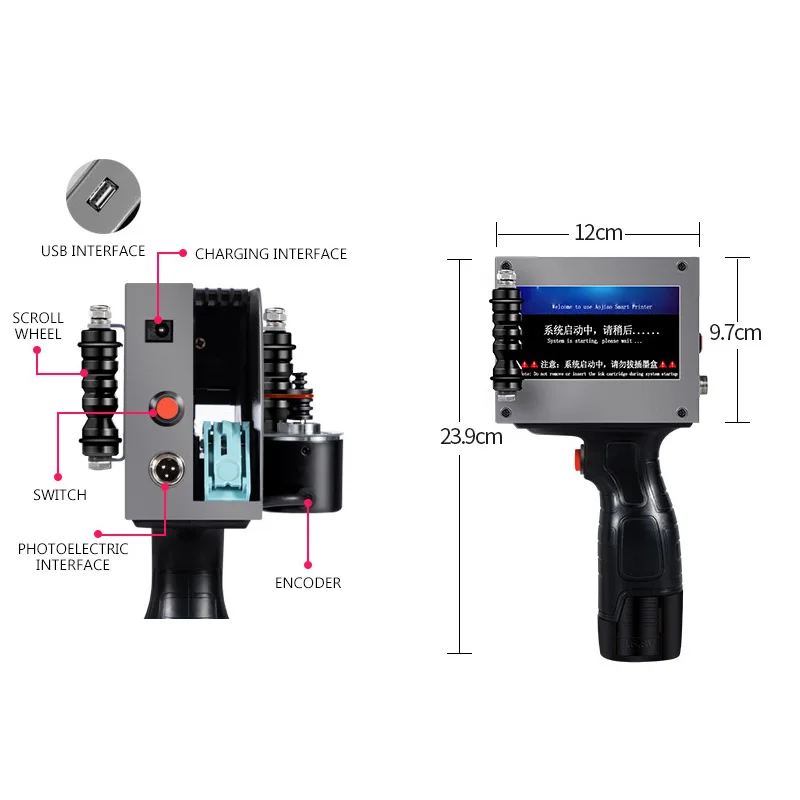 Impressora a jato de tinta handheld inteligente para imprimir a data de produção que empacota o código de barras qr numérico digital multifuncional
