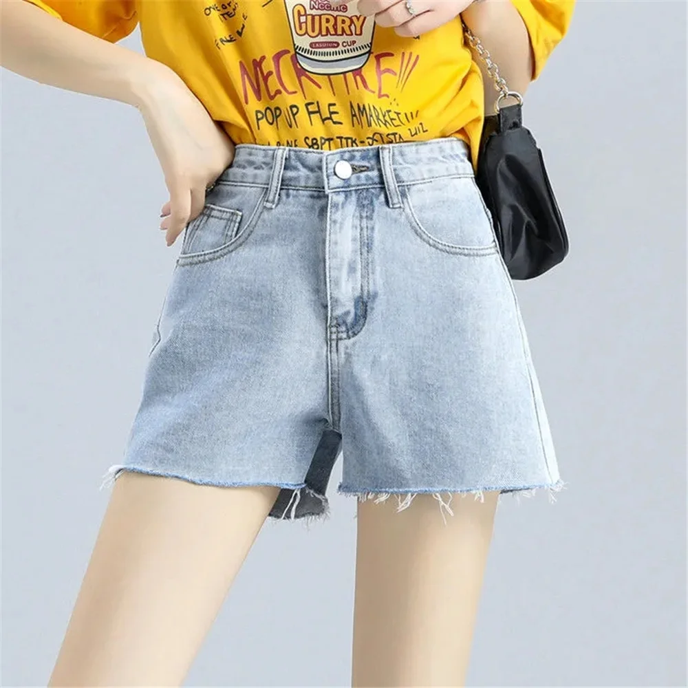 Summer Casual Versatile Korean Basic Short Jeans Women Y2K Clothing Fringe High Waist Straight Denim Shorts
